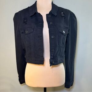 Hot Kiss Distressed Cropped Denim Jacket Black With Puff Sleeves Size Large